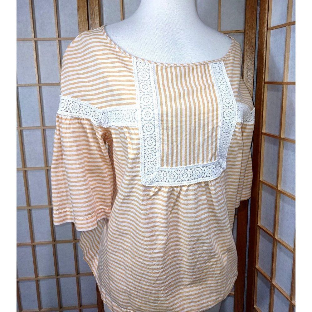 Max Studio Med Mustard Stripe Lace Boho Cotton Peasant Blouse